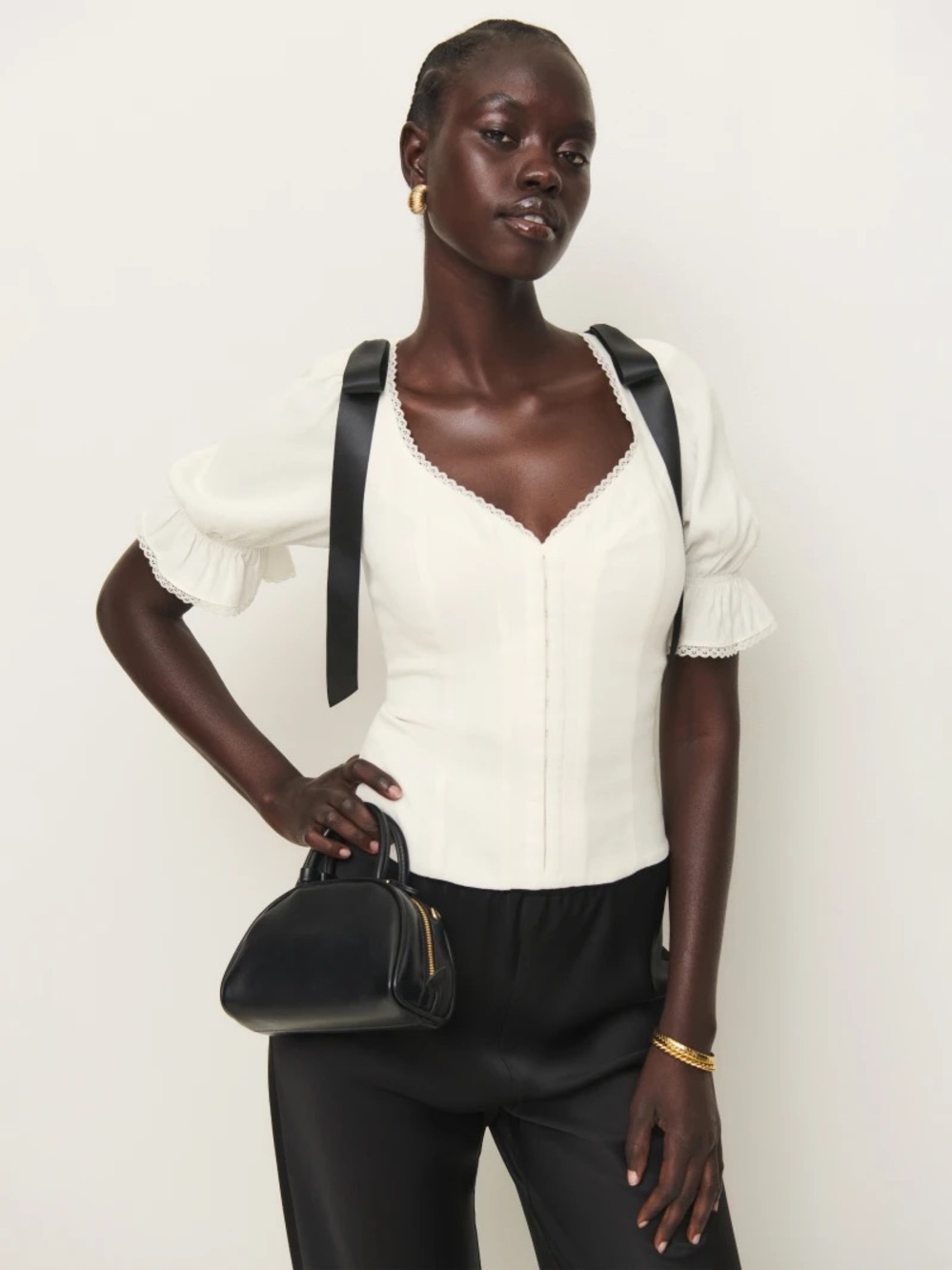 Reformation Cream Lace-Trim Puff Sleeve Top with Black Ribbon Detail